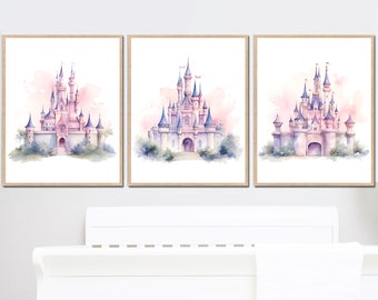 Princess Castle Print Wall Art Decor Fairytale digital Nursery gift baby girl bedroom toddler themed set of 3 printable watercolor playroom