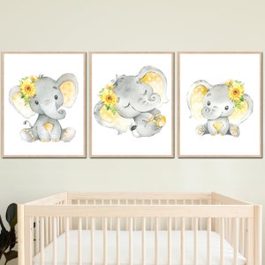 Girasole Baby Elefante Decorazione da parete per sala giochi Ragazza Nursery Art Stampa per bambini Immagine floreale Animali set di 3 stampe su tela digitale per famiglia