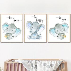 Decorazione per la camera dei bambini, citazioni per bambini, arte, elefante, stampabile, bambino, sii felice, sii coraggioso, sii te stesso, set di 3 poster su tela, immagini grigie