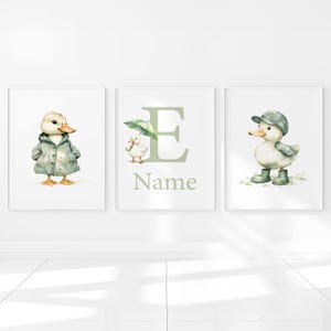 Stampa artistica da parete per bambini con paperella, nome personalizzato, decorazione per camera da letto per bambine e bambini, poster neutro, set di 3 immagini digitali per bambini, verde