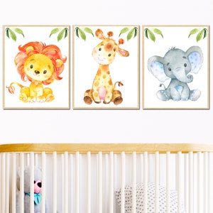 Stampe d'arte safari per bambini e bambine, decorazione da parete per la cameretta dei bambini, set di 3 poster con animali della giungla, tela per la camera dei bambini, sala giochi, acquerello, immagine digitale