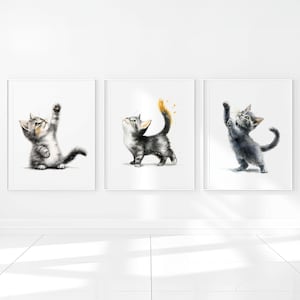 Gattini Nursery Wall Art stampabile Baby Cat Girl Boy Bedroom Decor Neutral Poster set di 3 immagini Bambini Digitale bambino piccolo grigio