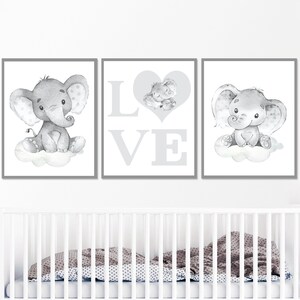 Poster per la decorazione della cameretta dei bambini, motivo: elefante, stampe artistiche da parete, set di 3 stampe per bambini, genere, bambini, stampabili in digitale, grigio, piccolo regalo