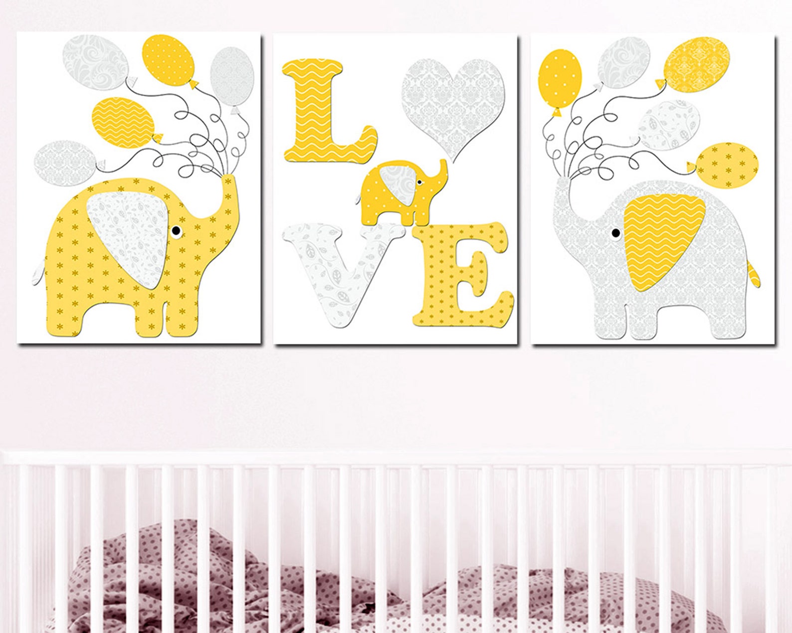 Yellow Gray Elephant Wall Decor Baby Girl Nursery Wall Art Etsy