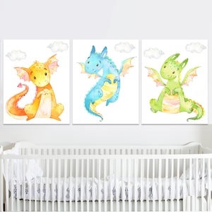Dragon Baby Boy decorazione per la cameretta dei bambini, arte della parete, stampe per la camera dei bambini, set di 3 immagini, adesivo digitale stampabile ad acquerello su tela, piccolo regalo per la sala giochi