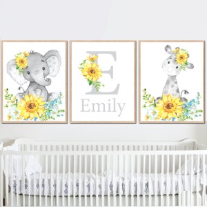 Decorazioni per la camera dei bambini, stampe floreali con nome, decorazioni per la cameretta delle bambine, cartello con girasole, monogramma personalizzato, set iniziale di 3 elefanti, giraffe e animali