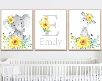 Kids Bedroom Decor Floral Name Wall Art Baby Girl Nursery Prints Sunflower Sign Custom Monogram Initial set of 3 elephant giraffe animals