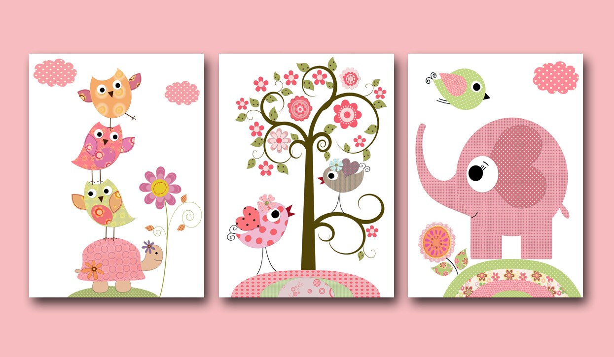 Baby Girl Nursery Print Art Kids Wall Room Decor Tree Set Of 3 Elephant Turtle Rose Yellow Green Owls Decoration - Wall Art For Kids Baby Girl Nursery Print Art Kids Wall Room Decor Tree Set Of 3 Elephant Turtle Rose Yellow Green Owls Decoration - Wall Art For Kids