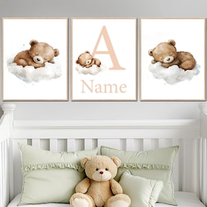 Impresión artística de oso personalizada, nombre personalizado, neutral, decoración de pared para guardería de bebé niño, dormitorio infantil, juego de 3, póster digital para niños, imagen de nube