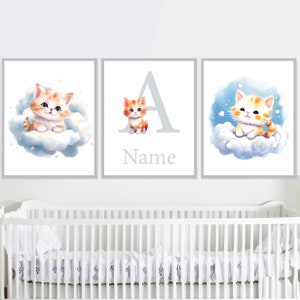 Gattini Stampe personalizzate con nome per bambini, poster per la cameretta dei bambini, decorazioni murali con iniziali, set di 3 immagini digitali per la camera da letto