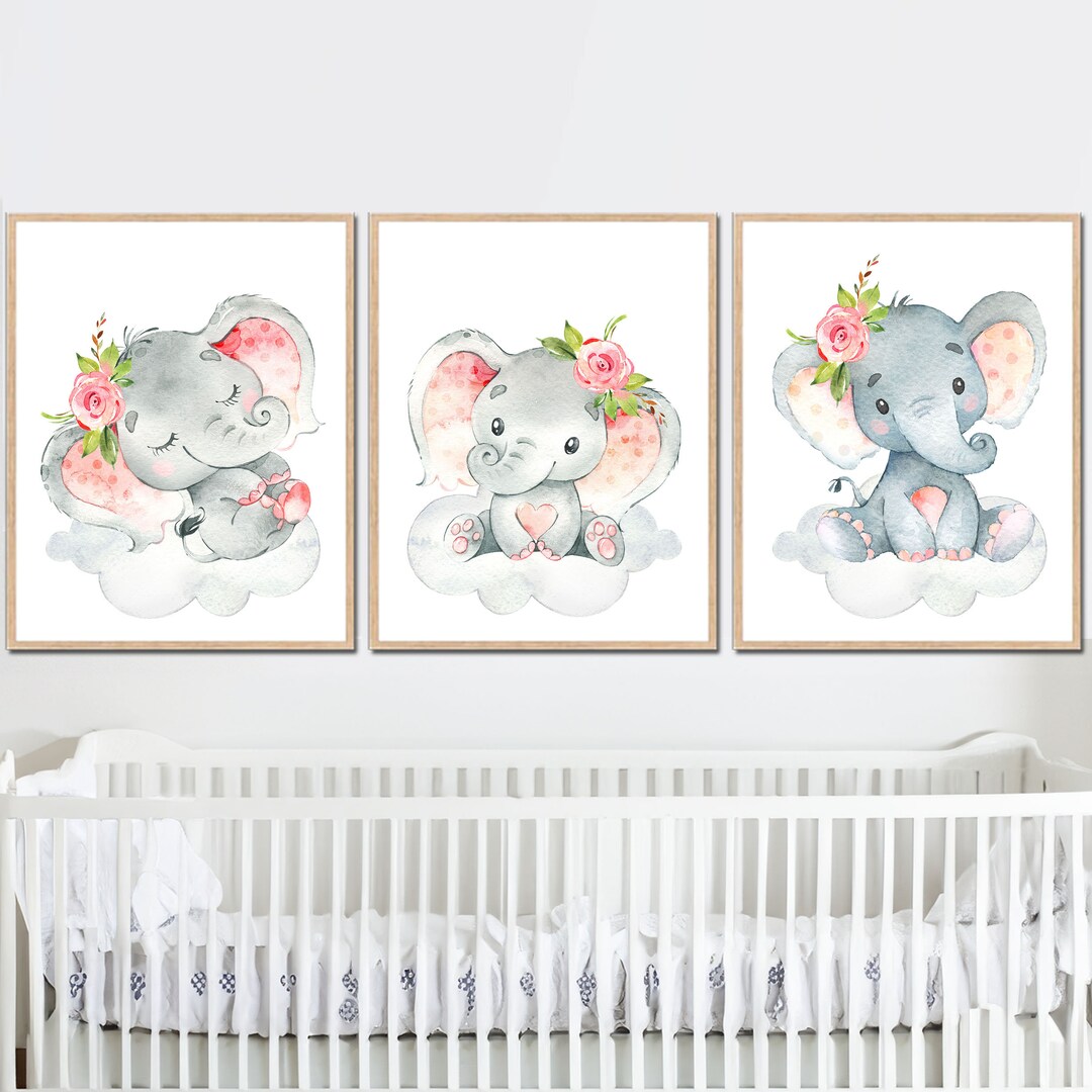 Floral Elephant Poster Baby Girl Nursery Wall Art Decor Children ...