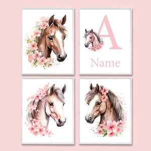 Poster personalizzato con nome per bambina, cavallo, stampabile, decorazione da parete per la cameretta dei bambini, set di 4 immagini digitali per la camera da letto, regalo per baby shower