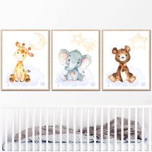Poster della giungla Stampa safari Bambina Asilo nido Arte da parete Decorazione Bambini Cameretta Zoo Animali Set di 3 Giraffa Elefante Orso Immagini digitali