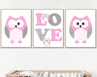 Baby Girl Room Decoration Kids Wall Art Owl Nursery Printable Children Love set of 3 digital grey rose