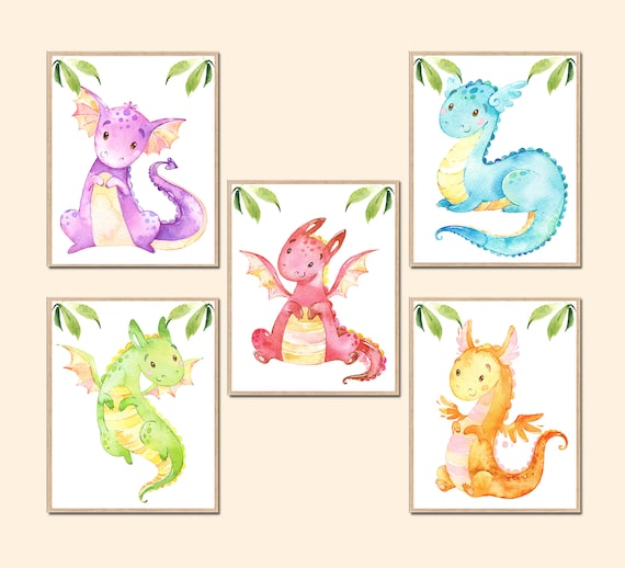 Dragon Wall Prints Baby Boy Nursery Decor Arts Kids Bedroom Blue Red Green Yellow purple Canvas set of 5 posters digital pictures