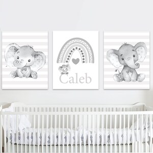 Arcobaleno grigio neutro Boy Nursery Wall Decor Nome bambino personalizzato Stampa artistica Personalizzata Elefante Kid Room set di 3 Genere sala giochi regalo compleanno