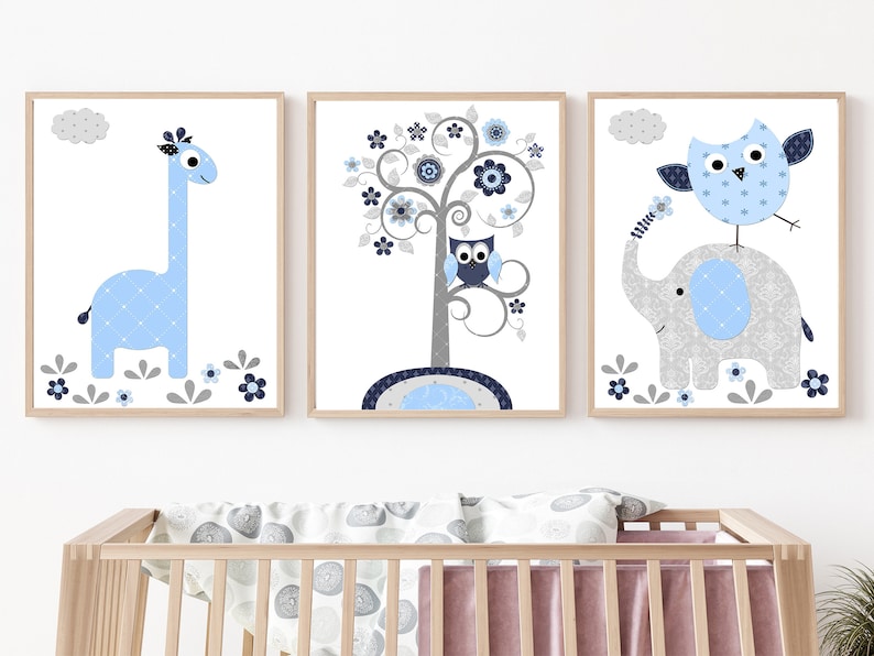 Navy Blue Gray Baby Boy Wall Decor Printable Giraffe Elephant Etsy