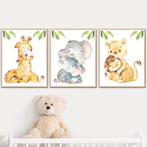 Stampe artistiche della giungla, decorazioni per la cameretta dei bambini, animali, camera da letto per mamma e bambino, zoo, set di 3 acquerelli da parete per bambini, immagini digitali stampabili, bambini piccoli