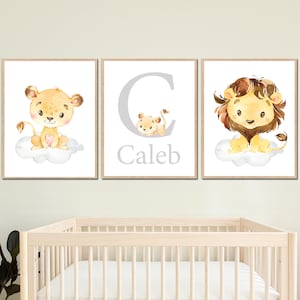 Decorazione murale leone per bambini, ragazzi e ragazze, stampe personalizzate con nome iniziale, set di 3 quadri per la cameretta dei bambini, tela digitale
