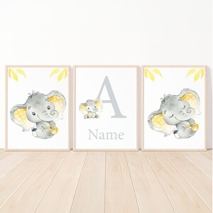 Stampe personalizzate con nome per bambini, decorazioni artistiche da parete per la cameretta dei bambini, iniziali, elefante personalizzato, set da camera da letto per bambini di 3 pezzi, grigio giallo