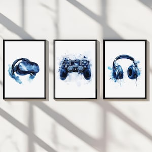 Decorazione da parete per sala giochi, poster per ragazzi, stampabile, con controller, per sala giochi per adolescenti, set di 3 immagini digitali per bambini, regalo per bambini, tela blu