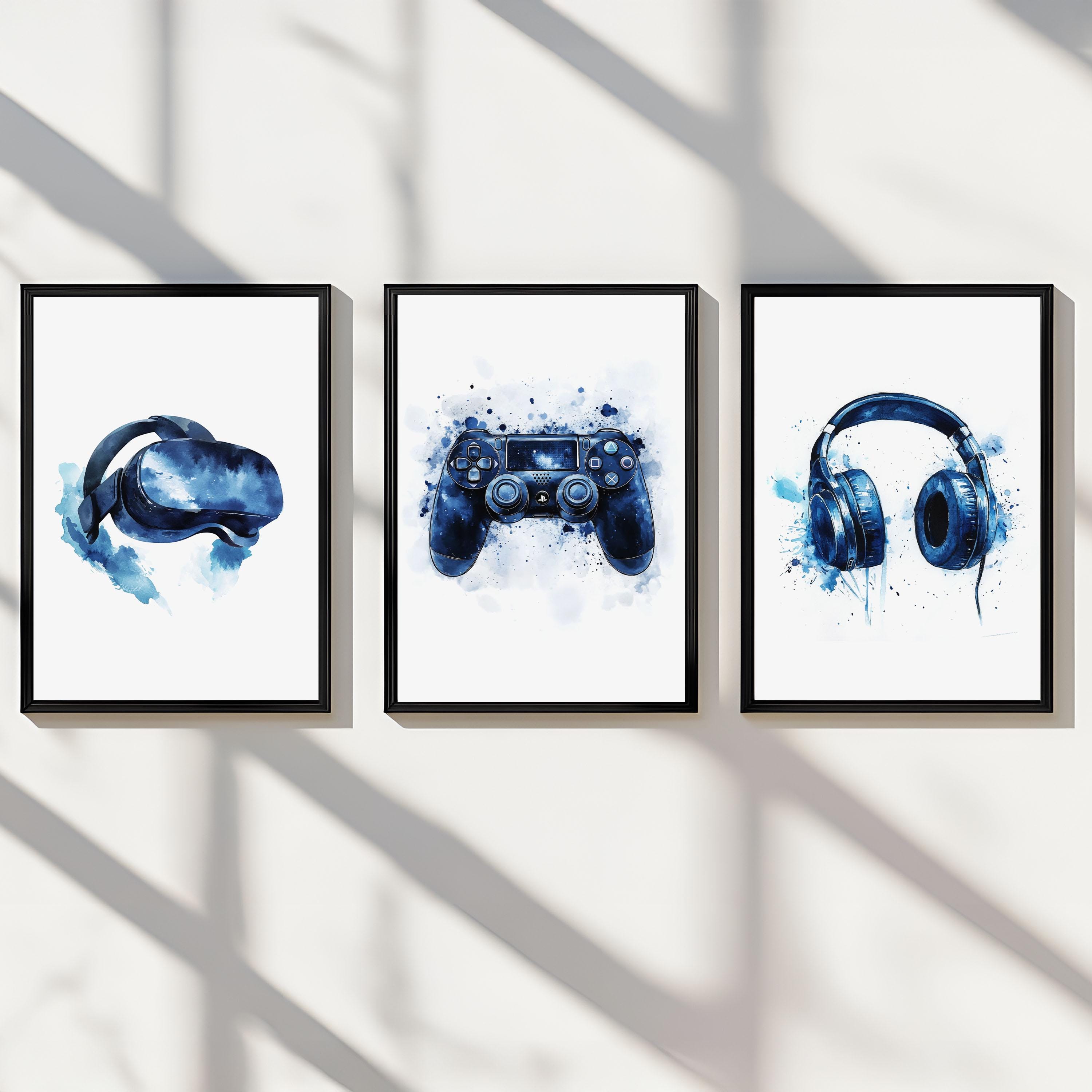 Gaming Room Wall Decor Boys posters Gamer Printable Controller Art Teenage playoom Set of 3 digital child gift toddler picture canvas blue