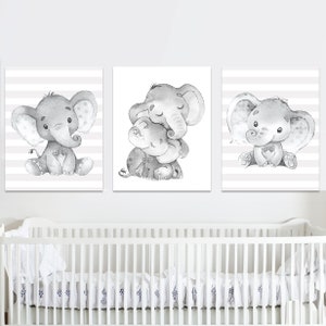 Gender Neutral Baby Boy Nursery Art druckbare Elefant-Wand-Dekor-Kinderplakatssatz von 3 Kinderspielzimmer graues Artwokkleinkindgeschenk