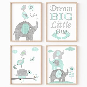 Arte murale per bambini stampabile, decorazione per la camera da letto del neonato, set di 4 citazioni neutre per la cameretta dei bambini, genere elefante, grigio e menta, regalo per la doccia, poster digitale