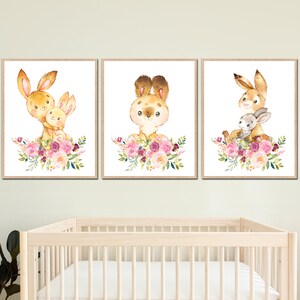 Bunny Nursery Wall Art Kids Room Decor Baby Rabbit Prints Woodland Floral Animals Set stampabile di 3 tele Acquerello Lepre immagini digitali