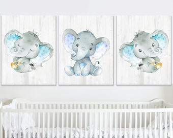 Gray Blue Elephant Wall Art Decor Baby Boy Nursery Prints Children Room Kids set of 3 Canvas