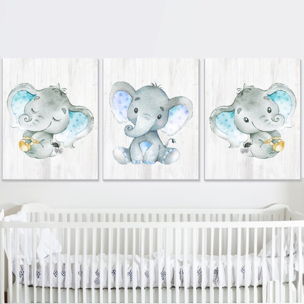 Gray Blue Elephant Wall Art Decor Baby Boy Nursery Prints Children Room Kids set of 3 Canvas