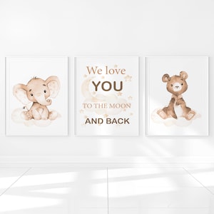 Set di 3 stampe per bambini, maschi e femmine, con citazioni, per la cameretta dei bambini, con scritta "Ti amiamo fino alla luna e ritorno", genere