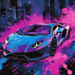 Sport Car Wall Art Lamborghini Aventador in City Neon Digital Printable Kids Bedroom Decor Super Luxury picture boy Gift living room Poster