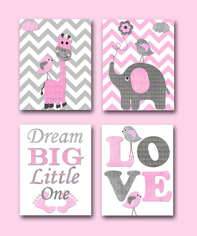 Pink Grey Baby Girl Wall Decor Elephant Giraffe Wall Decor Etsy