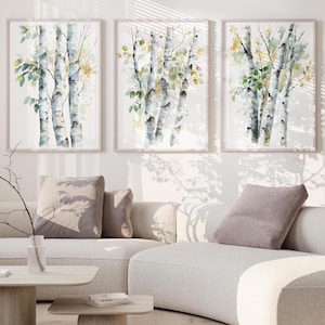 Conjunto de 3 pósteres de abedules para decoración de pared del hogar, arte imprimible para habitación de bebé, póster de naturaleza para habitación de niños, lienzo de acuarela digital, imágenes de paisajes