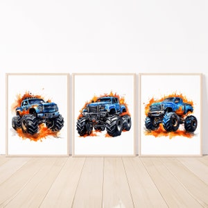Stampe d'arte Monster Truck Decorazioni da parete per camerette per neonati Poster per cameretta per bambini Set di 3 immagini digitali per bambini blu rosso nero piccolo bambino