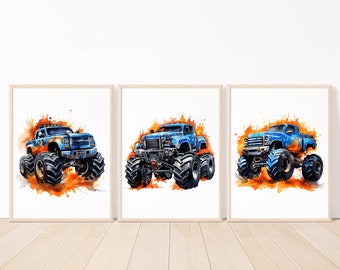 Impressions d'art Monster Truck, décoration murale pour chambre de bébé, affiche de chambre d'enfants, lot de 3 photos numériques d'enfants, bleu rouge noir