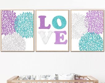 Floral Nursery Room Decoation Baby Girl Wall Art Printable Love set of 3 posters Canvas Children Purple Teal Grey digital gift