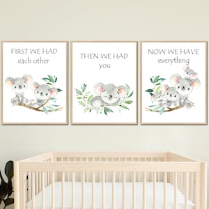 Decoración de pared con koalas, arte de pared con citas para niños, guardería para niñas, dormitorio de niños australianos, pósteres para niños, primero nos teníamos el uno al otro, ahora tenemos un juego de 3 digitales