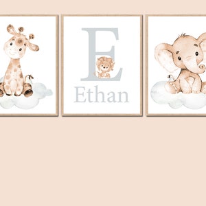 Custom Baby Name Neutral Nursery Art Initial Prints Personalized Elephant Wall Decor Boy Children girl set of 3 for Kids beige gray digital image 3
