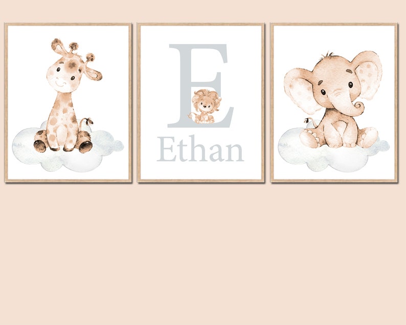 Custom Baby Name Neutral Nursery Art Initial Prints Personalized Elephant Wall Decor Boy Children girl set of 3 for Kids beige gray digital image 3