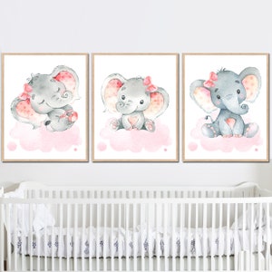 Pósteres de elefantes para niñas, decoración de pared para bebés, ilustraciones para guardería, juego de 3 impresiones para dormitorio infantil, imágenes en gris y rosa, lienzo digital pequeño