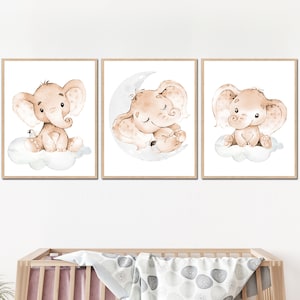 Decoración de pared con elefantes, arte imprimible para guardería de niñas, pósteres para habitación de niños, tema neutro, juego de 3 para imagen digital en gris y beige