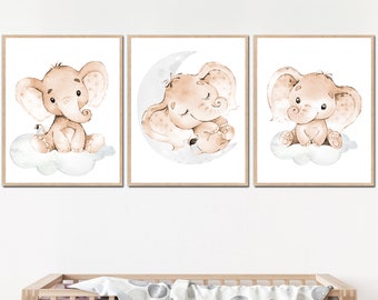 Décoration murale éléphant, chambre d'enfant, art imprimable pour chambre d'enfant, garçon, affiches d'enfants, thème neutre, lot de 3 pour numérique gris beige