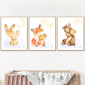 Poster per cameretta dei bambini, motivo: bosco, forset, decorazione da parete, set di 3 stampe di animali, immagini per la cameretta dei bambini, volpe, lepre, orso, bambini, digitale, bambino piccolo