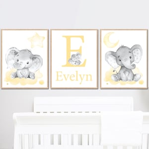 Stampe personalizzate con nome per bambini, poster neutro per la cameretta dei bambini, arte iniziale personalizzata, decorazione da parete con elefante, set da 3 per camera da letto per bambini, giallo