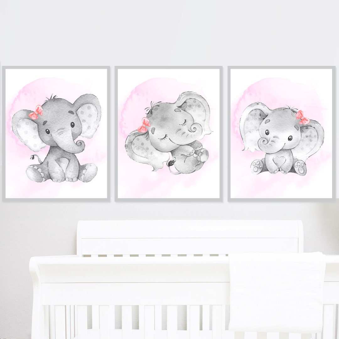 Baby Girl Nursery Decor Elephant Wall Art Printable Kids Playroom Set ...