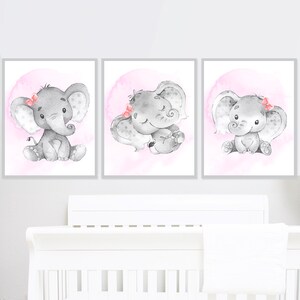 Decoración de pared con elefantes para guardería de niñas, juego de 3 impresiones para sala de juegos de niños, póster para niños, cuadro en lienzo con animales, adhesivo digital, pequeño regalo