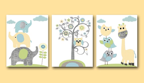 Baby Nursery Print Owl Decor Owl Nursery Giraffe Nursery Elephant Nursery Baby Boy Nursery Decor Children Art Print Set Of 3 Gray Blue