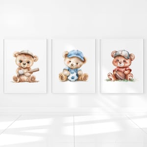 Sport Nursery Wall Art Teddy Bear Theme Baby Boy Playroom Set di 3 stampe per bambini piccoli, immagine digitale, poster su tela, baseball, football, pallone da calcio